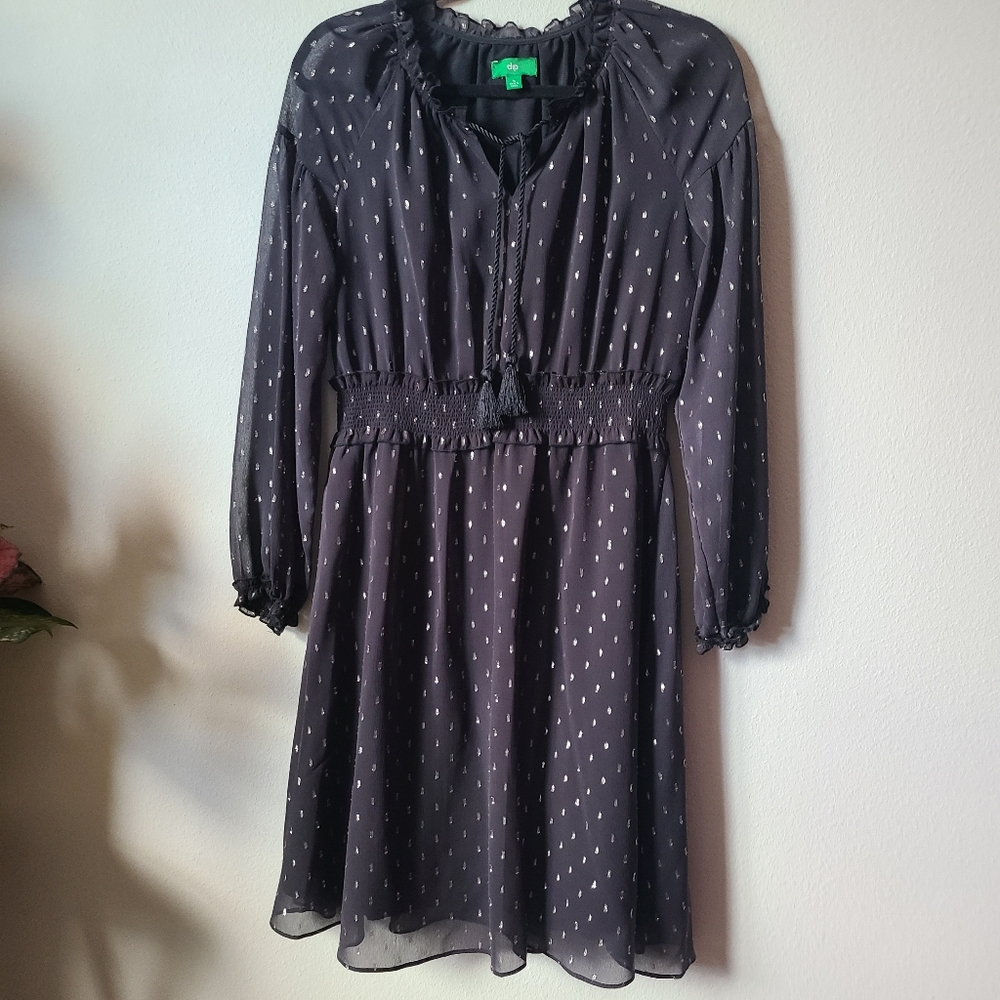 NWOT DIP Black Long Cuffed Sleeve Sheer Dress W/ Tassles